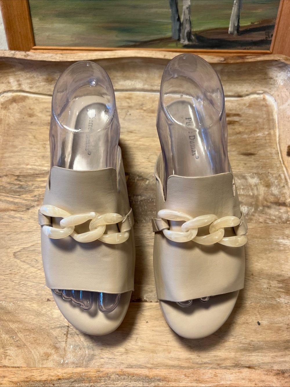 Pierre Dumas Beige Chain-Trim Slide Mule